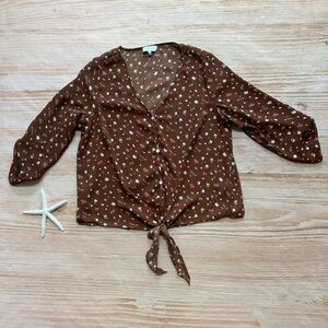 ACOA Women’s Brown Tie Front Floral Print Blouse, Size Small